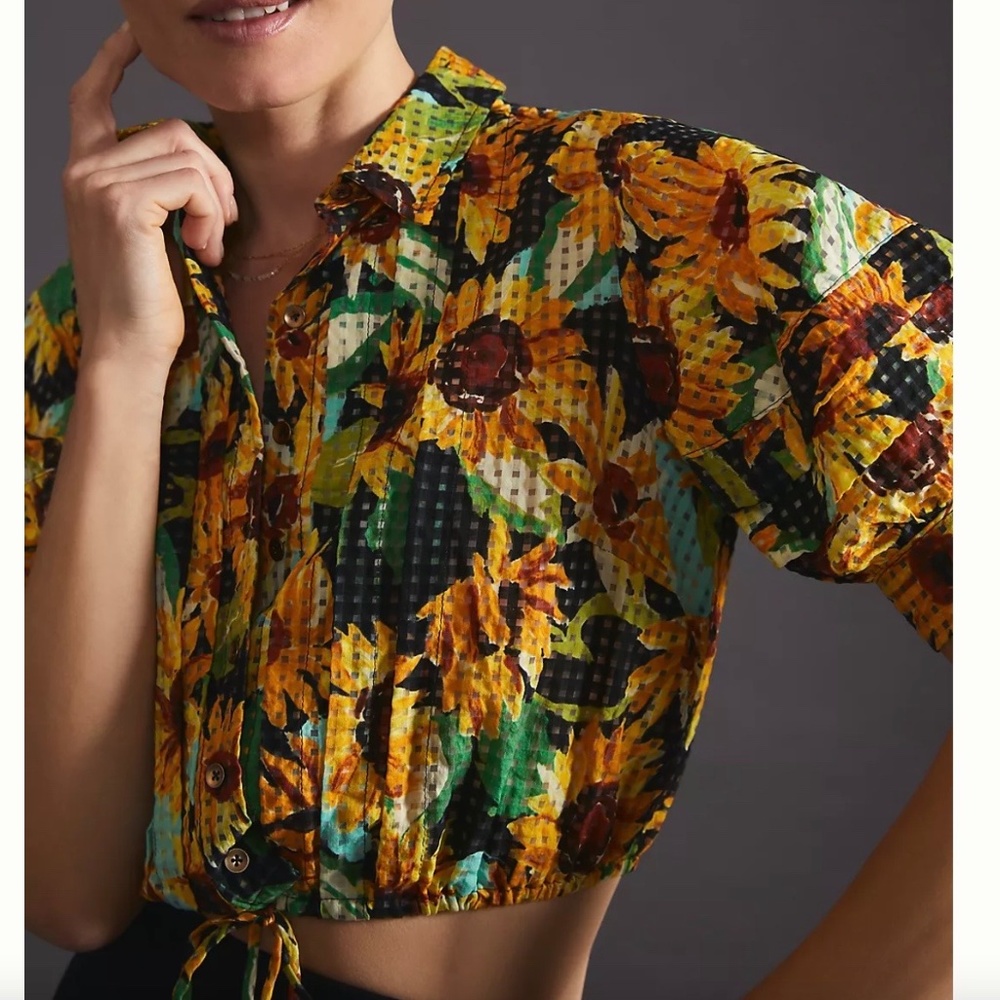 Anthropologie Plus Maeve Cropped Shirt Black Yellow Daisy Semi Sheer Size 1X
